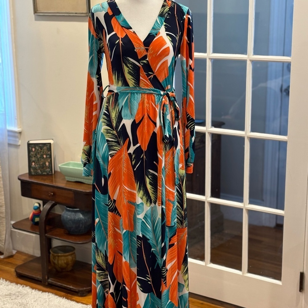 Hot Miami Styles Tropical Print Maxi Dress With Tie At Waist. Size S